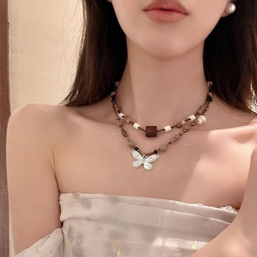 Title 2, Vintage Beaded Butterfly Necklace For Women. El...