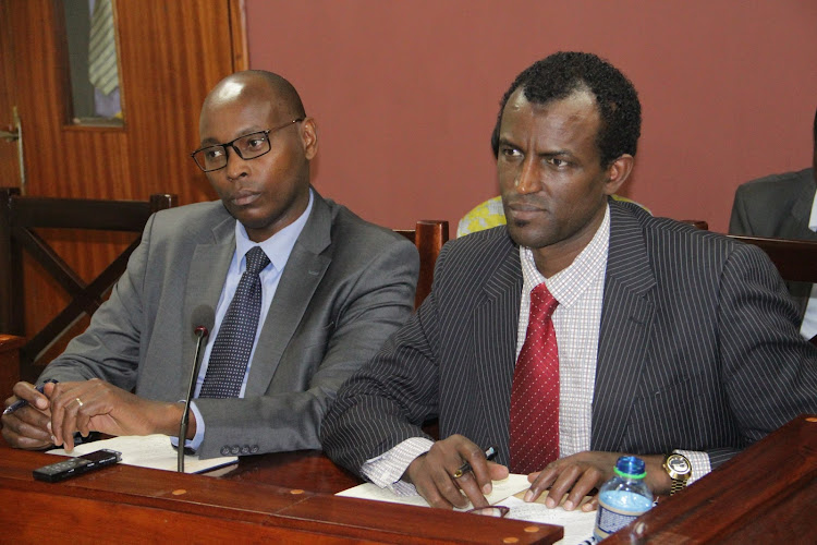 Nairobi County Executive Member for Fniance Charles Kerich and Chief Officer for Finance Halkano Waqo appearing before the County Assembly Public Accounts Committee on June 19, 2019.