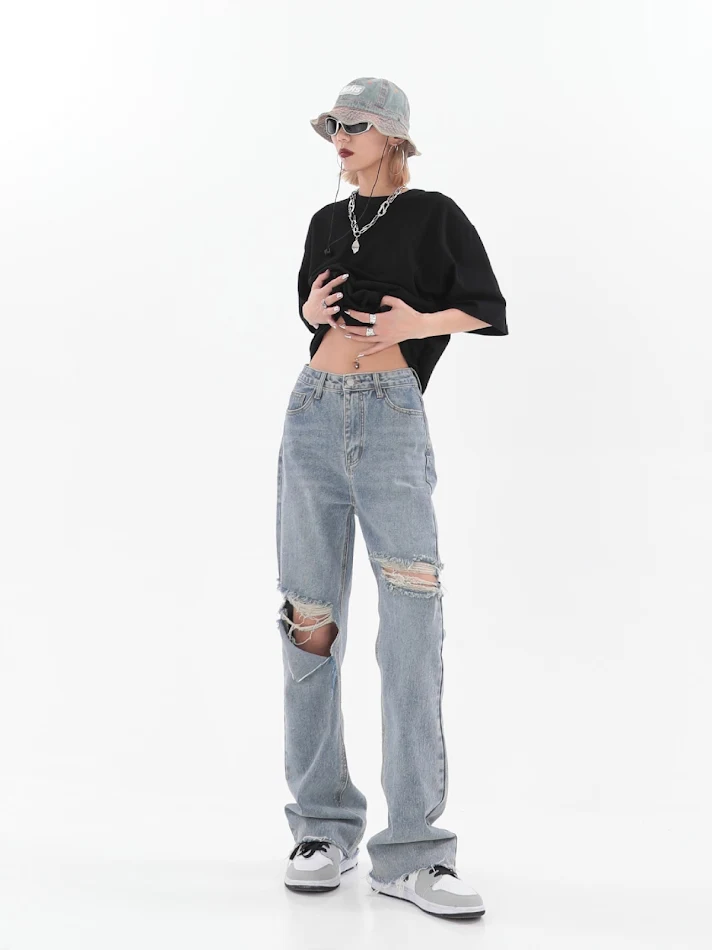 Women's Summer American Style Retro Ripped Jeans Comfortable and Cool Perfect for Warm Weather Modern Design Ideal Fit S