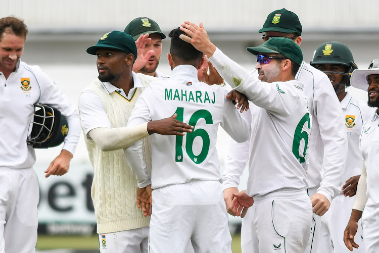 Keshav Maharaj of SA celebrates the wicket of Yasir Ali Chowdhury of Bangladesh on day 5 of the first Test at Kingsmead in Durban on April 4 2022.