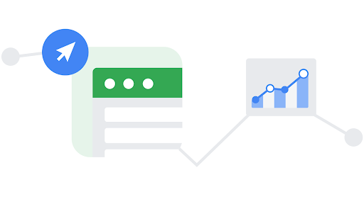 Ilustraciones que muestran una cuenta de Google Ads y un gráfico de Google Analytics 4.