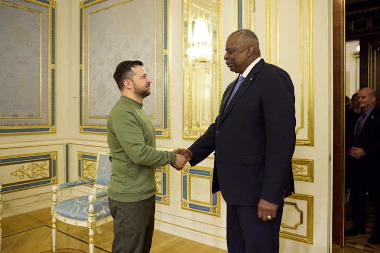 Ukraine President Volodymyr Zelensky welcomes US Secretary of Defense Lloyd Austin before their meeting in Kyiv, Ukraine, November 20 2023. Picture: UKRAINIAN PRESIDENTIAL PRESS SERVICE/REUTERS