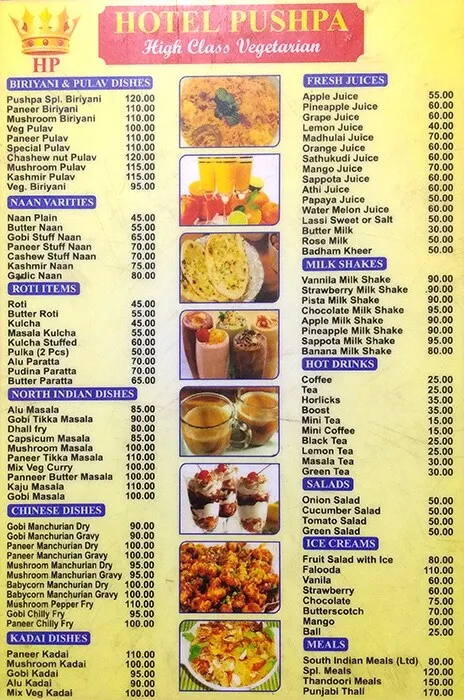 Hotel Pushpa menu 