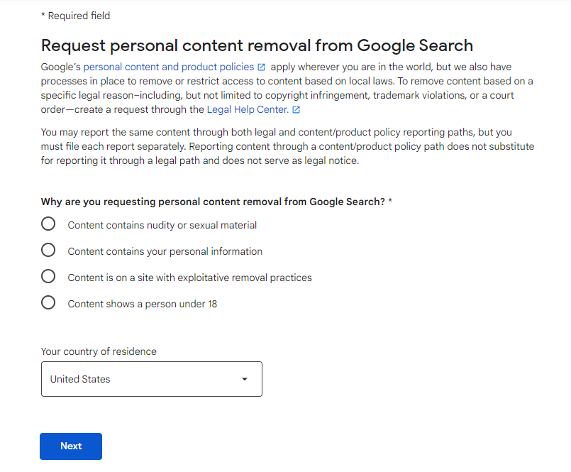 "Request personal content removal from Google Search" form - reason for requesting personal content removal section