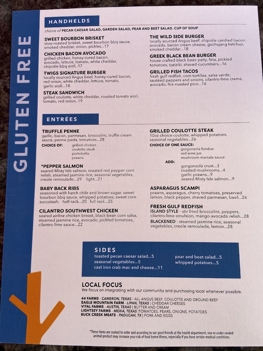 Page one of the gluten free menu