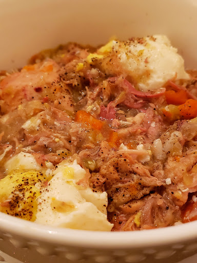 Chopped Turkey with diced onion, celery, carrots, boiled eggs and rice. 