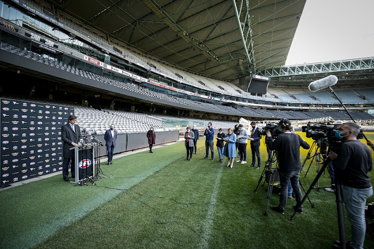 AFL CEO, Gillon McLachlan and Victorian Sports Minister Martin Pakula speak to the media during an AFL press conference at Marvel Stadium on August 31, 2021 in Melbourne, Australia.