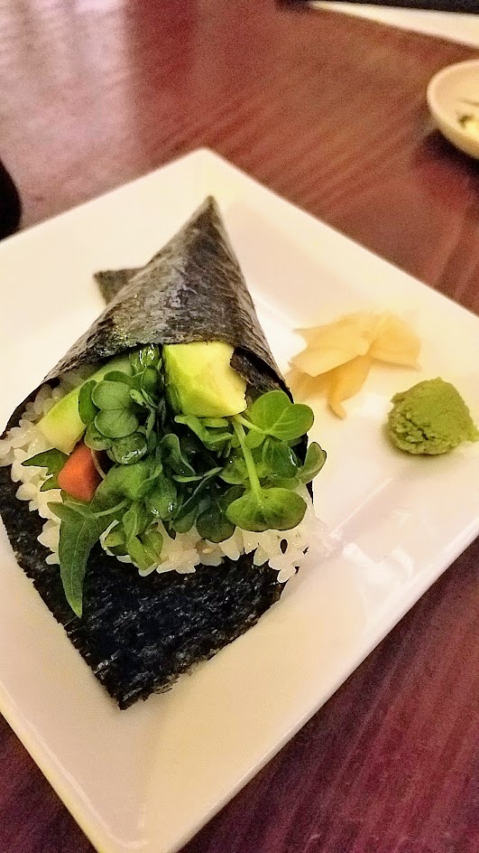 Shigezo happy hour Temaki, or hand roll: this is the Veggie Roll with avocado, cucumber, shiso leaf, daikon sprouts, yamagobo, and sesame seeds