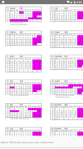 CHINA HOLIDAY CALENDAR 2020 中国休日 中国假期