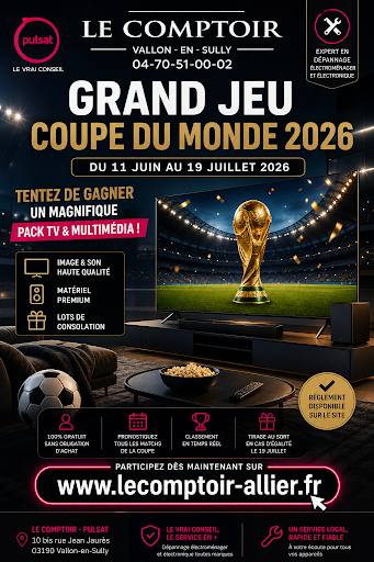 Plus que 3 semaines à patienter, rendez-vous sur www.lecomptoir-allier.fr dès 8h00 du matin pour le lancement du "Grand Jeu Coupe du Monde 2026" avec votre boutique Le Comptoir !

https://www.lecomptoir-allier.fr
