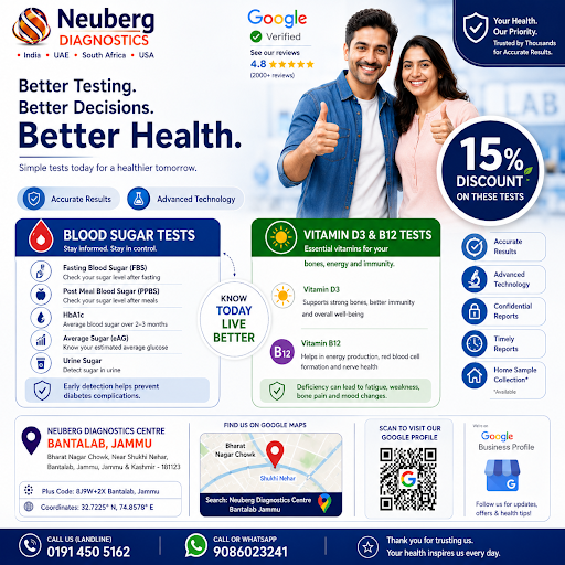 Stay in control of your health with Blood Sugar, Vitamin D3, and Vitamin B12 testing at Neuberg D… post image