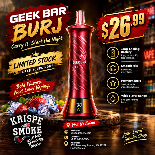 Looking for something new to try? The Geek Bar BURJ is now available at Krispe Grocery & Smoke Sh… post image