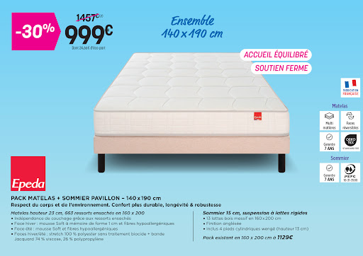 LA RENTREE, C'EST AUSSI LE MOMENT DE BIEN DORMIR

Profitez de nos offres spéciales rentrée sur une sélection de matelas, sommiers et ensembles literie !

