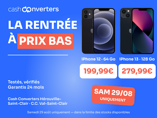 C'est la semaine où tout le monde refait ses listes : les fournitures, les activités du mercredi, l'assurance scolaire. Et quelque part en bas de la liste, ce téléphone qu'on repousse depuis juin.

Samedi, on le raye de la liste.

Ce samedi 29 août, deux iPhone passent à prix placé dans notre magasin : l'Apple iPhone 12 64 Go à 199,99 € et l'Apple iPhone 13 128 Go à 279,99 €.

Des téléphones de seconde main, et chez nous ça veut dire testés, vérifiés, garantis 24 mois. Deux ans, pas trois jours.

À ce prix-là, c'est le genre d'appareil qu'on met entre toutes les mains : celles qui rentrent au collège, celles qui partent en études — et les vôtres, si votre écran a passé un été difficile.

Pas de réservation, pas d'inscription : vous poussez la porte samedi, c'est tout. Samedi 29 août uniquement, dans la limite des stocks disponibles.

Le reste de l'année, Cash Converters Hérouville-Saint-Clair, c'est tout l'univers de la seconde main contrôlée : téléphones et informatique, jeux vidéo et consoles récentes ou rétro, hifi, TV et son, petit électroménager, outillage, instruments, CD et DVD. On rachète aussi vos appareils au prix du marché, avec paiement immédiat, et on reprend l'or, les bijoux et les montres avec estimation gratuite et confidentielle. Tout est garanti 24 mois, et la Carte privilèges vous fait cumuler des points à chaque passage.

Samedi 29 août 2026 — Cash Converters Hérouville-Saint-Clair, Centre Commercial Val-Saint-Clair, Boulevard du Val (02 31 54 12 12).