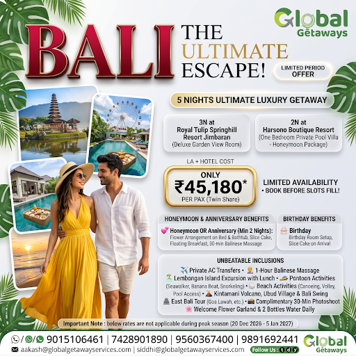 Bali honeymoon package from Delhi featuring happy couple in front of luxury private pool villa with floating breakfast and Jimbaran sunset