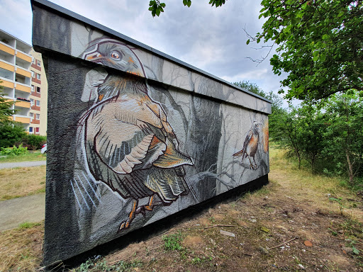 Graffiti Stadtwerke-Häuschen Berringerstraße Logo