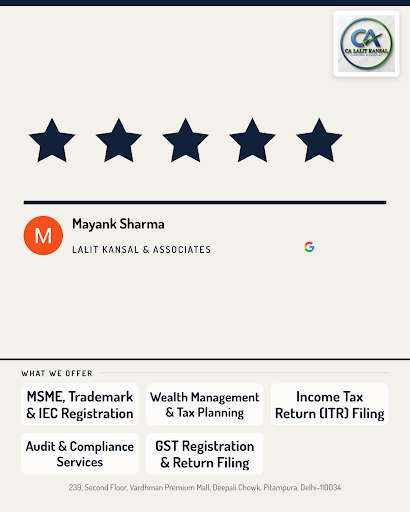 Mayank Sharma highly recommends LALIT KANSAL & ASSOCIATES in Delhi for top-notch chartered accoun… post image