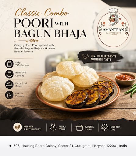 Enjoy authentic Poori with Bagun Bhaja prepared fresh daily at AMANTRAN BY CHATTERJEE'S KITCHEN.… post image