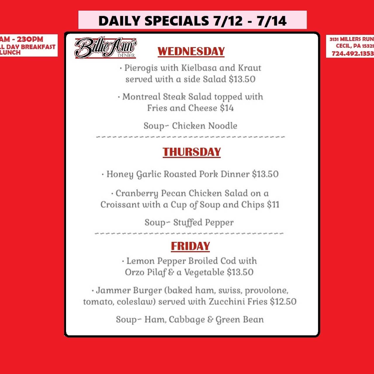 Billie Ann's Diner Casual Family Owned Diner in Cecil Twp Serving