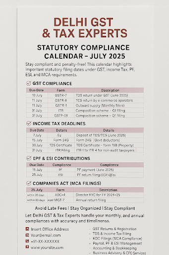 Statutory Compliance Calendar: July 2025 Month