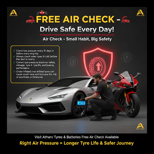 Boost your ride's safety and performance with a FREE air check at Atharv Tyres! Check tyre pressu… post image