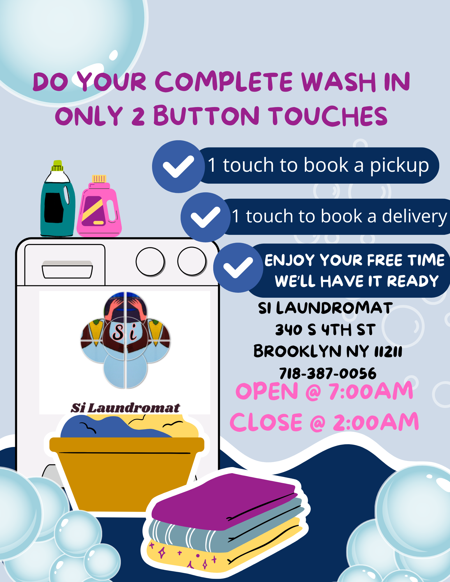 Si Laundromat storefront and entrance in Brooklyn