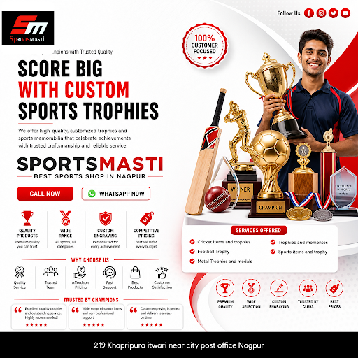SPORTSMASTI in Nagpur offers a wide selection of sports items and trophies, including cricket kit… post image