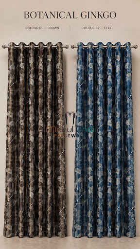 Botanical Ginkgo print designer curtains available in Brown and Blue. Custom stitched for doors a… post image