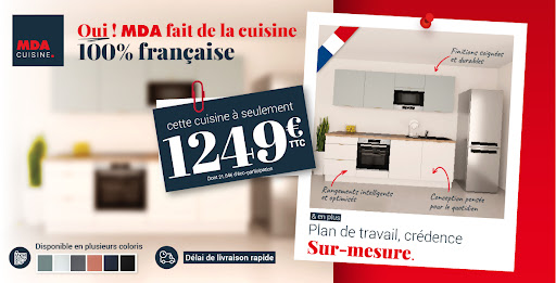 À l’occasion de notre Foire aux Prix, MDA Cuisine vous propose une cuisine linéaire à seulement 1249 €.

Disponible en plusieurs coloris, elle s’adapte facilement à votre intérieur et offre une solution fonctionnelle, moderne et accessible pour équiper votre espace sans compromis sur la qualité.

C’est le moment idéal pour concrétiser votre projet avec un excellent rapport qualité-prix, accompagné par nos concepteurs en magasin.

Offre valable pendant la Foire aux Prix, dans la limite des stocks disponibles.
Découvrez tous les détails et rendez-vous dans votre magasin MDA Cuisine.