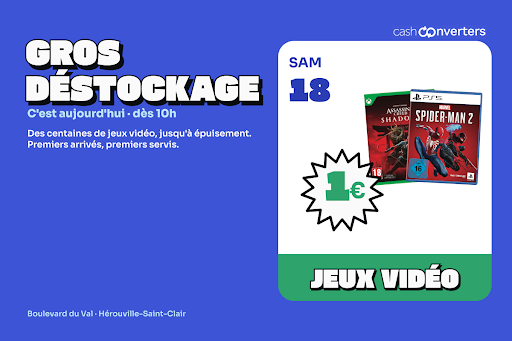 C'est aujourd'hui ! Dès 10h, notre gros déstockage jeux vidéo commence : des centaines de jeux à 1 € pièce, jusqu'à épuisement des stocks. Premiers arrivés, premiers servis — les plus belles pièces partent en premier. Venez tôt pour repartir avec les vôtres. Rendez-vous dès 10h au Centre Commercial Val Saint-Clair, Boulevard du Val, Hérouville-Saint-Clair.