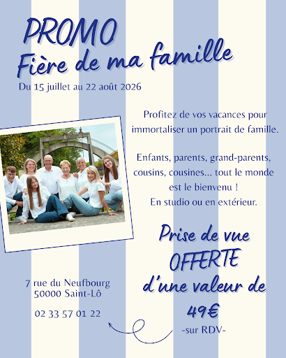 La promo de l'été arrive bientôt ! ☀️

Offrez-vous un moment précieux en famille et capturez ces instants de bonheur. La prise de vue, habituellement à 49€, vous est offerte !

Profitez-en pour réunir petits et grands autour d’un joli portrait. Sourires, complicité et souvenirs garantis ! 

Ne laissez pas filer cette belle opportunité !