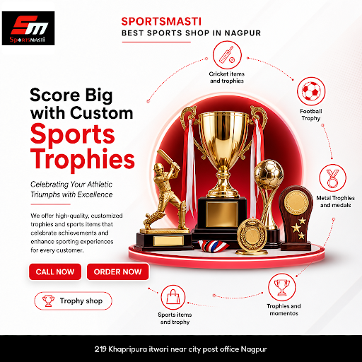 SPORTSMASTI in Nagpur offers premium trophies, including football trophies, medals, and sports it… post image