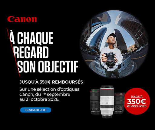 Jusqu'à 350€ remboursés sur une sélection d'optiques Canon.
Exemples:
100€ remboursés sur le RF 100-400
150€ remboursés sur le RF 100 macro
300€ remboursés sur le RF 100-500
350€ remboursés sur le RF 70-200/2.8 Z

Toutes les infos et dispos auprès de vos vendeurs Phox Poitiers au 05.49.01.04.88
