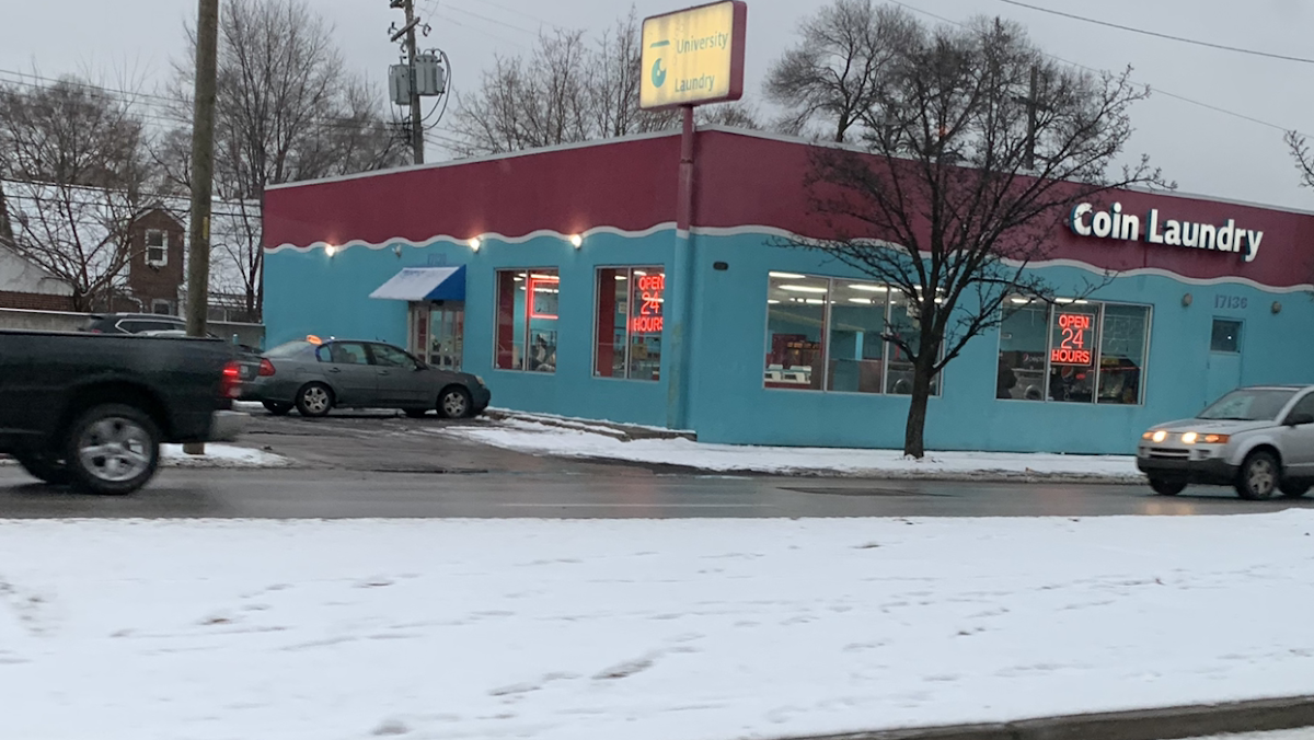 University Coin Laundromat storefront and entrance in Detroit