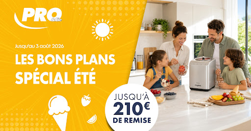 Du 20 juillet au 3 août, profitez de jusqu'à 210 € de remise immédiate sur une sélection de produits pour équiper votre maison et profiter pleinement de la saison.

Que vous recherchiez un nouveau réfrigérateur, de quoi aménager votre cuisine d'extérieur, préparer de délicieux sorbets maison, réaliser des jus de fruits frais ou encore profiter de votre musique partout, c'est le moment de vous faire plaisir à prix réduit !

Faites le plein de bonnes affaires dans votre magasin PRO&Cie et sur procie.com.