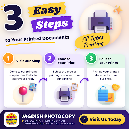 Visit JAGDISH PHOTOCOPY in New Delhi for all your printing needs. Follow 3 simple steps: visit ou… post image