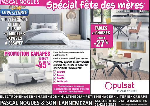 🔥 SPÉCIAL FÊTE DES MÈRES CHEZ PASCAL NOGUES & SON LANEMEZAN ! 🔥
C’est le moment de faire plaisir… et de profiter de promos exceptionnelles sur vos indispensables maison 🏡✨
🛏️ Nouvel espace literie
👉 Plus de 30 modèles exposés à essayer
🛋️ Canapés jusqu’à -45%
🪑 Tables et chaises jusqu’à -27%
✅ Confort
✅ Design
✅ Qualité
✅ Petits prix
⏳ Offres valables jusqu’à épuisement des stocks
📍 Rendez-vous vite en magasin avant qu’il ne soit trop tard !
#FeteDesMeres #Promo #BonPlan #Literie #Canapes #TablesEtChaises #PascalNogues #Pulsat