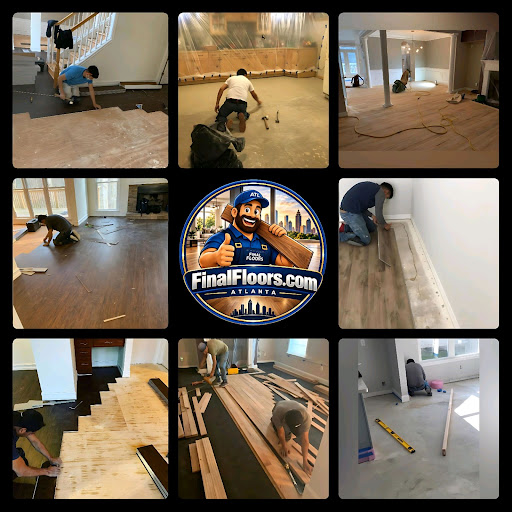 Owned Final Floors photo collage showing flooring installation and preparation work.