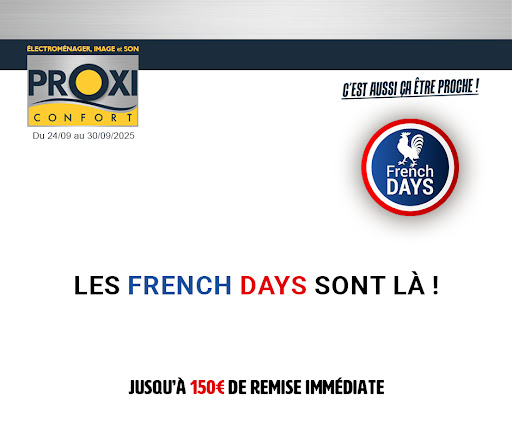 🎉 C’est parti pour les French Days Proxi Confort
Des promos sur une sélection de produits et jusqu’à 150€ de remise immédiate😍
Rendez-vous dans notre magasin ALEXANDRE DESLANDES  ou sur notre site.
 👉 Offres valables jusqu'au 30/09/25 : c’est le moment de se faire plaisir !