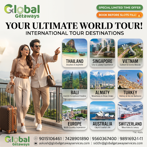 International tour packages from Delhi featuring couple with luggage showcasing Thailand Singapore Vietnam Bali Almaty Turkey Europe Australia and Switzerland