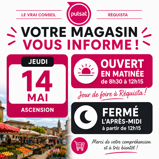 📢 Ouverture pour l'Ascension !

À l’occasion de l’Ascension et du traditionnel jour de foire à Réquista, votre magasin sera ouvert ce jeudi 14 mai uniquement le matin, de 8h30 à 12h15 🛍️

👉 Profitez de votre passage à la foire pour venir nous rendre visite en magasin et bénéficier de nos conseils pour tous vos projets électroménager, TV, son et multimédia.

⚠️ Le magasin sera ensuite fermé l’après-midi.