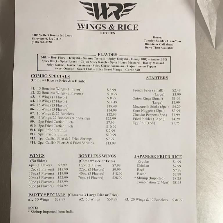 Wings & Rice Kitchen Chicken Wings Restaurant in Shreveport