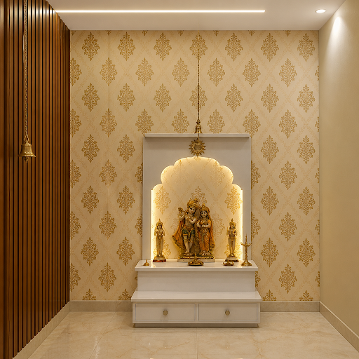 Bring divine charm into your home mandir with elegant traditional wallpaper motifs, carefully des… post image