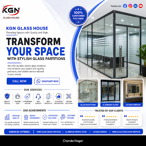 KGN GLASS HOUSE specializes in Aluminium profile doors and 12MM GLASS TAFAN PARTITION solutions t…
