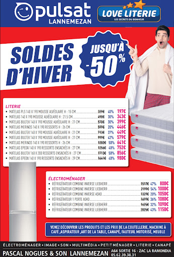 🚨 C'EST LE DÉBUT DES SOLDES ! 🚨
Rendez-vous dès demain chez Pulsat Lannemezan pour profiter de VRAIES SOLDES avec des remises immédiates allant jusqu’à -55% ! 🔥

✨ ZOOM SUR LA LITERIE : C’est le moment de changer de matelas ! Les plus grandes marques (Bultex, Epéda, Merinos) sont à prix sacrifiés. 👉 Ex : Le matelas 160x200 à 856€ au lieu de 1713€ (-50%) !

❄️ ÉLECTROMÉNAGER : Des remises incroyables sur le froid et la cuisson ! Économisez plus de 1100€ sur certains réfrigérateurs combinés Liebherr.

📍 Pulsat Lannemezan – ZAC La Ramondia (Sortie 16) 📞 05.62.39.38.31

⚠️ Stocks limités ! Premier arrivé, premier servi ! 🏃‍♂️💨

#Soldes #Lannemezan #Destockage #Literie #BonPlan
