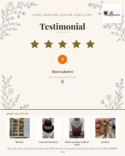 Veera Lakshmi had a wonderful experience at Shree Nageena Fashion Jewellery in Chennai. She loved… post image