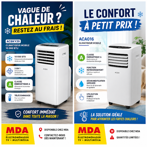 La canicule s'invite cette semaine ! Pour rester au frais, rendez-vous chez MDA Tarare : nous avons un large choix de climatiseurs et ventilateurs disponibles immédiatement en magasin. Profitez d’un air frais et agréable à la maison ou au bureau. Notre équipe vous attend avec le sourire pour vous conseiller sur la solution la plus adaptée à vos besoins. N'attendez pas la dernière minute, venez vite découvrir nos offres !
