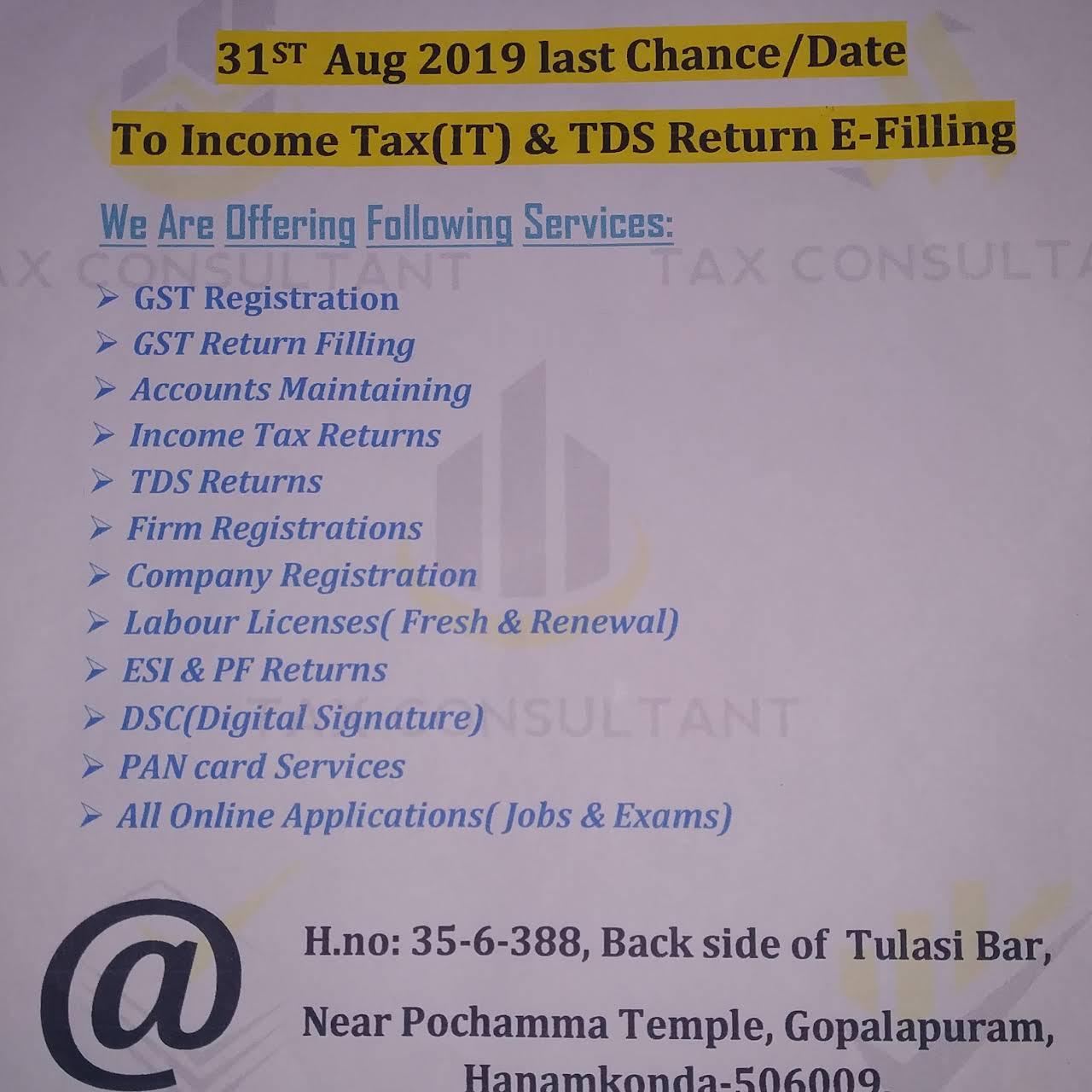 Svc Tax Services Pan Card Gst It Returns Tax And Accounts Advicer In Hanamkonda Warangal