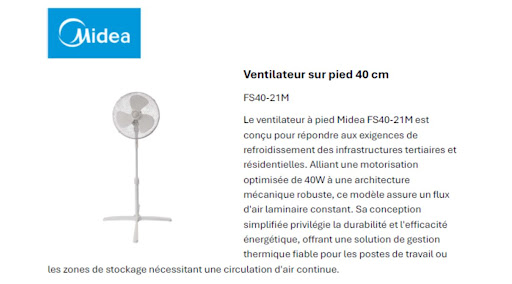Alerte arrivage de ventilateurs sur pied

Nous allons recevoir 28 ventilateurs sur pied, 2 modèles entre 79 et 99 euros

disponibilité vers le 28 juillet,

Pensez à les réserver par mail ( c'est préférable , indiquez vos Nom Prénom, adresse et téléphone) ou par téléphone

radio-sell@orange.fr ou 02 98 84 93 65

Modèle Midea:79 euros ttc

Modèle Kumtel à 99 euros ttc

Bonne journée

L'équipe Pulsat Saint Renan