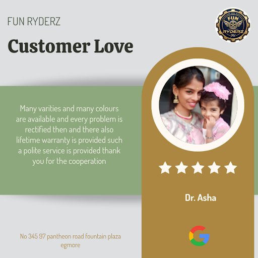 Dr. Asha from Chennai raves about her exceptional experience at FUN RYDERZ, the premier toy shop…